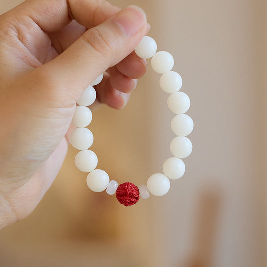 Temple Style Natural White Jade Bodhi Bracelet with Cinnabar and Red Sand Pixiu, Soft Wraparound Beads for Men and Women, Buddhist Prayer Beads