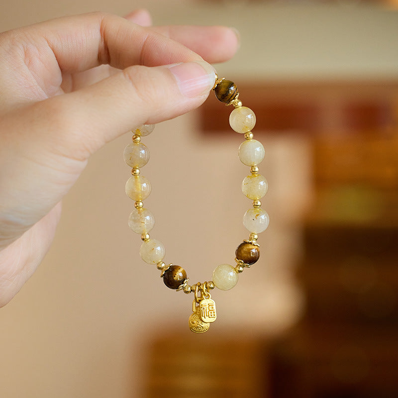 Natural Golden Rutilated Quartz Bracelet for Women, Yellow Rutilated Quartz Moonstone Gold-Devouring Beast Bracelet, Wealth Stone Gift for Girlfriend
