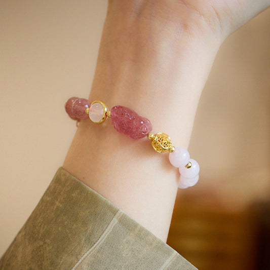 Natural Strawberry Quartz and Pink Quartz Double Bracelet for Women Strawberry Quartz Pixiu Wealth Flower Good Luck Bracelet Crystal Bracelet