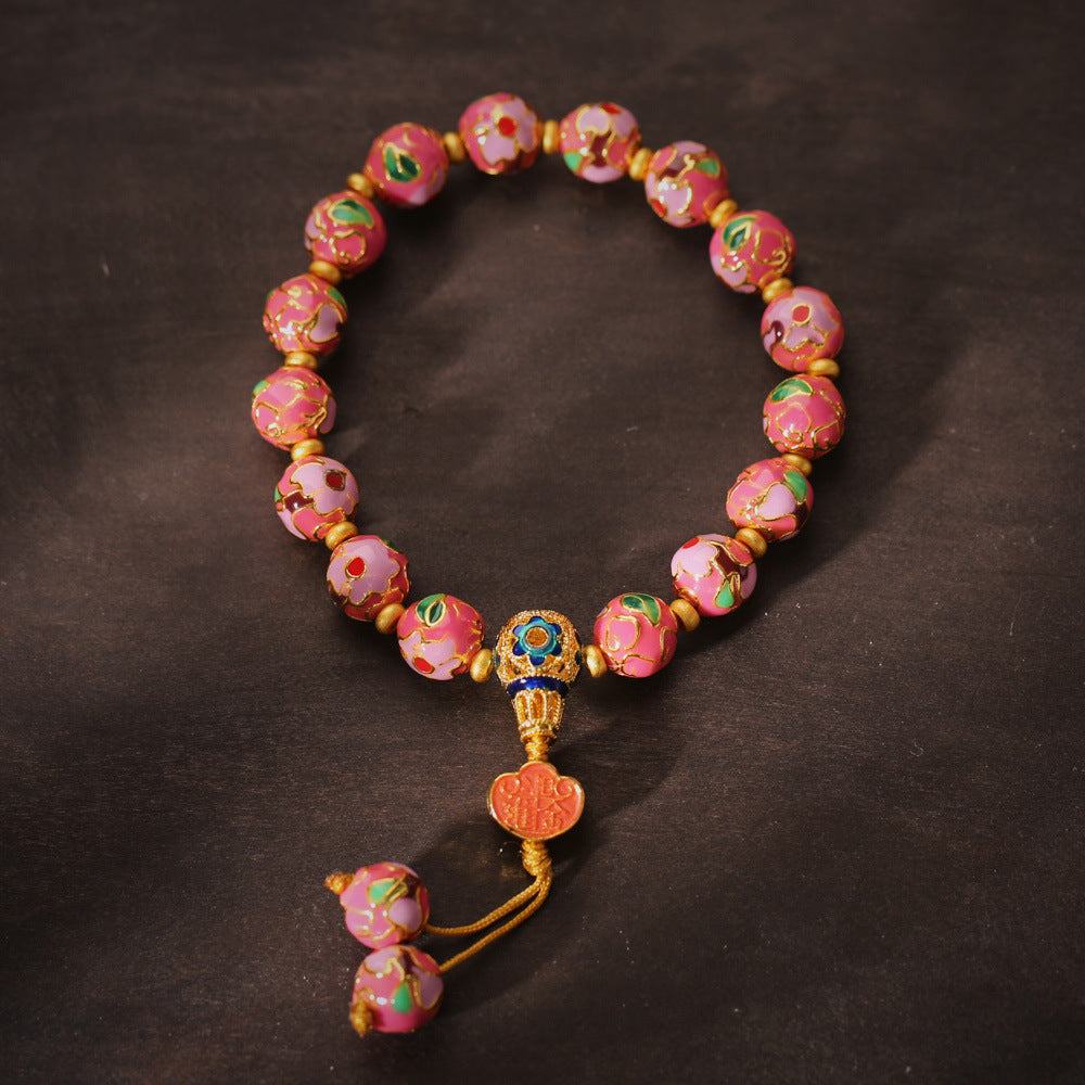 Temple Same Style Beijing Yongxiang Floral Bracelet for Women, Daily Prosperity, Enamel High Temperature Burnt Blue Dragon Year Bracelet for Women