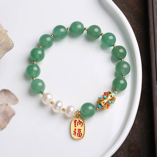 Vintage Chinese Style Green Aventurine Bracelet Pearl Pendant Fortune Bracelet Jade Crystal Ethnic Style Jewelry