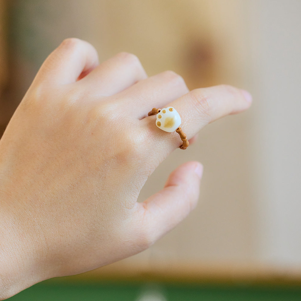New Chinese Style Natural Hetian Jade Ring for Women Walnut Bamboo Knot Tail Ring Hanfu Chinese Style Accessories