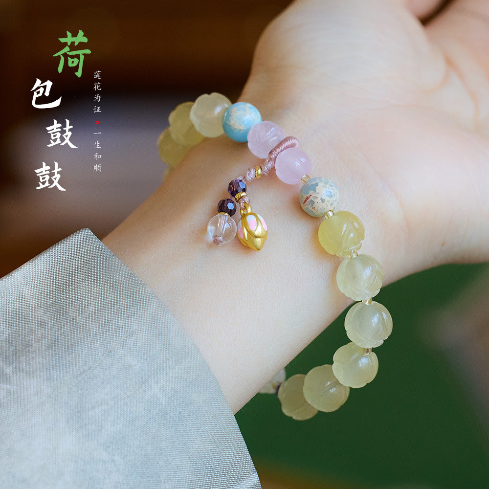 Tempel Natürliche Goldene Seide Jade Lotus Armband Viel Glück Lotus Tasche Trommel Antiken Stil Jade Armband