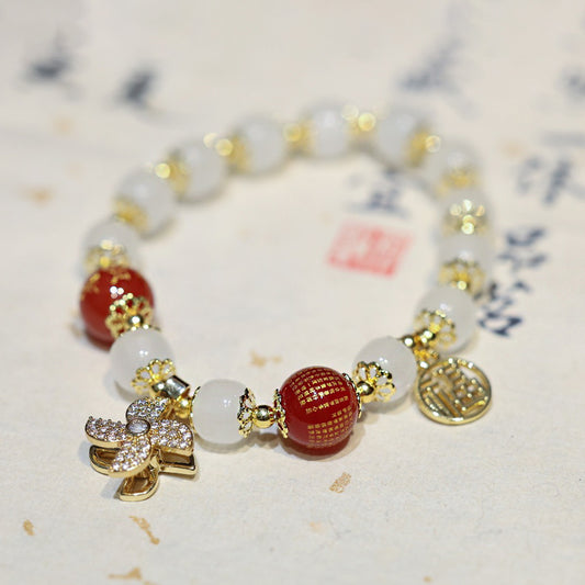 National Style Temple Same Style Wealth Peace Lock Windmill Stress Relief Glass Old Xing Barrel Bead Bracelet Glass Bead Bracelet Gift for Friends