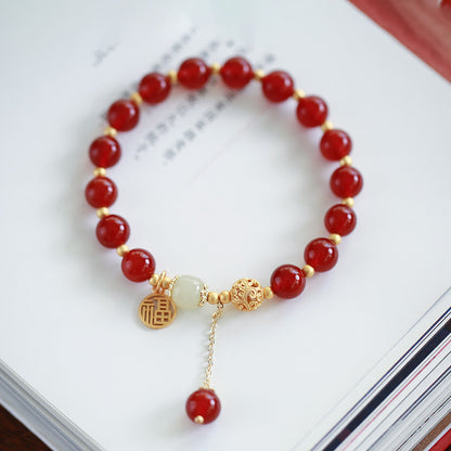 Natural8MM Red Agate Bracelet S925Silver and Gold Cloud Pattern Hetian Jade Fortune Bracelet for Women, Chinese Style Qixi Gift