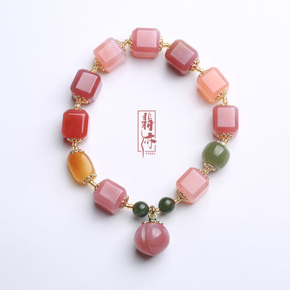 Natural Salt Source Agate Cube Bracelet with Hanging Peach Jasper Barrel Beads Amber Irregular Shape Candy Color Multi-Gem Bracelet for Women