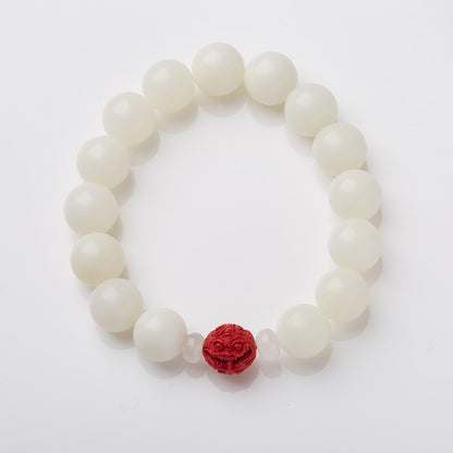 Temple Style Natural White Jade Bodhi Bracelet with Cinnabar and Red Sand Pixiu, Soft Wraparound Beads for Men and Women, Buddhist Prayer Beads