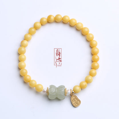 Natürliches gelbes Hühnerfett-Bienenwachs-Perlenarmband, weibliches Bernstein-Hetian-Jade-Einzelring-Armband, Retro-Chinoiserie