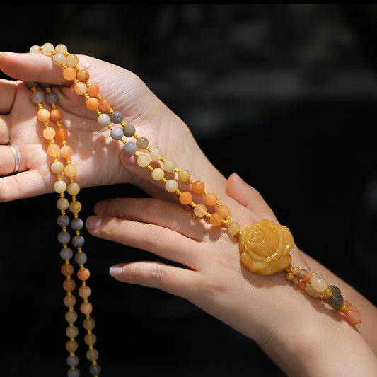 Qipao Beautiful Matching Xinjiang Gold Silk Jade Sweater Chain Necklace Rose Blossom Prosperous Women's Clothing Hanging Chain Jewelry Ethnic Style
