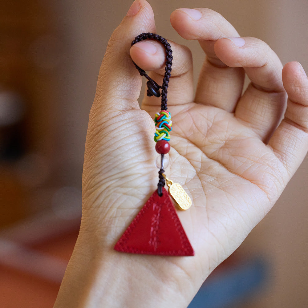 Temple Style Natural Cinnabar Keychain Triangle Red Card New Year Cinnabar Pendant Buddhist Youth Pendant