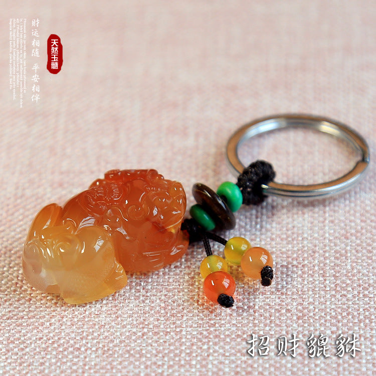 Natural Agate Pixiu Car Hanging Ornament Chalcedony Pixiu Keychain Creative Key Pendant for Men and Women