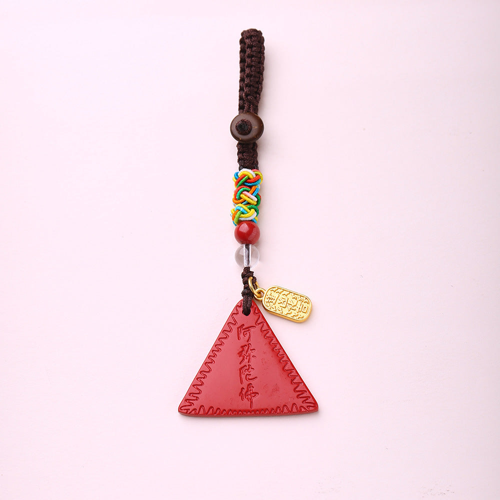 Temple Style Natural Cinnabar Keychain Triangle Red Card New Year Cinnabar Pendant Buddhist Youth Pendant