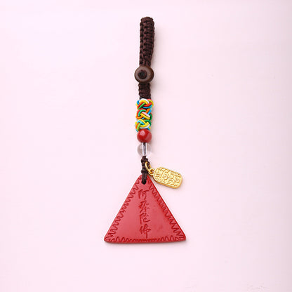 Temple Style Natural Cinnabar Keychain Triangle Red Card New Year Cinnabar Pendant Buddhist Youth Pendant