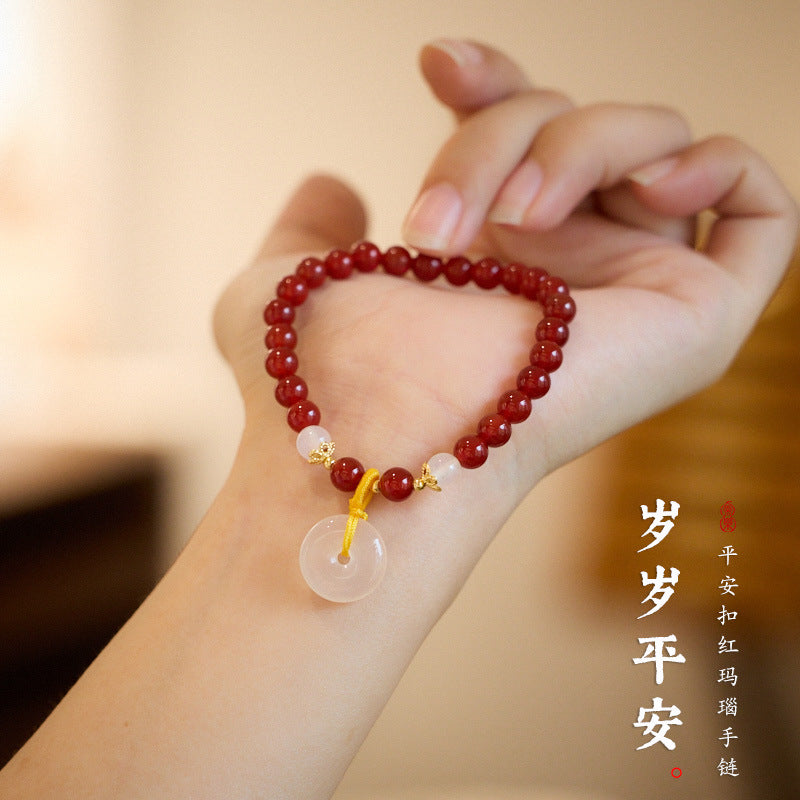 Natural6MM Red Agate Bracelet Female Chalcedony Agate Peace Buckle National Style High Sense Bracelet Girlfriend Gifts