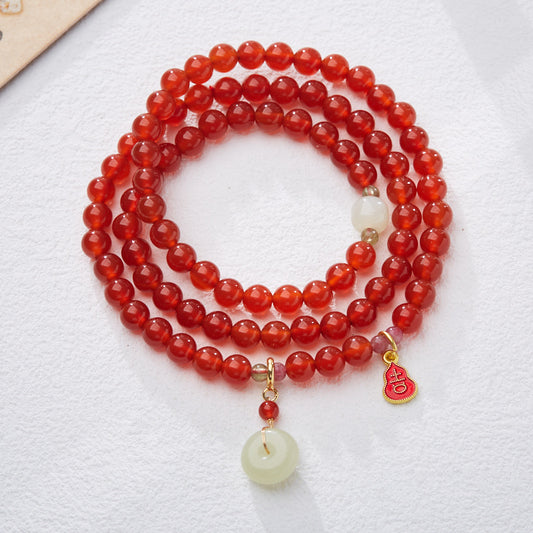 Natural6MM Red Agate Three Circle Bracelet Hetian Jade Peace Buckle Retro Ethnic Style Bracelet Best Friend Gift