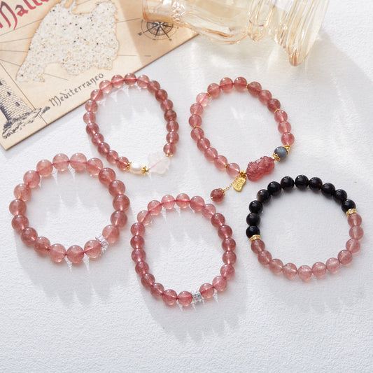 Natural Strawberry Quartz Bracelet for Women Wealth Flower Pixiu Good Luck Pink Crystal Gemstone Design Bracelet Gift