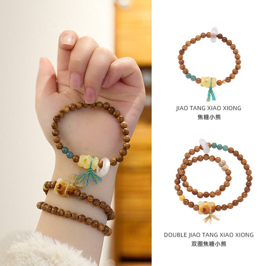 Natural6MM Kuke Bodhi Bracelet Original Design Double Circle Amber Cute Bear Bracelet Cultural Play Gift