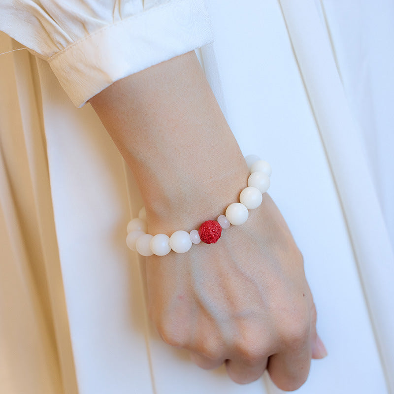 Temple Style Natural White Jade Bodhi Bracelet with Cinnabar and Red Sand Pixiu, Soft Wraparound Beads for Men and Women, Buddhist Prayer Beads