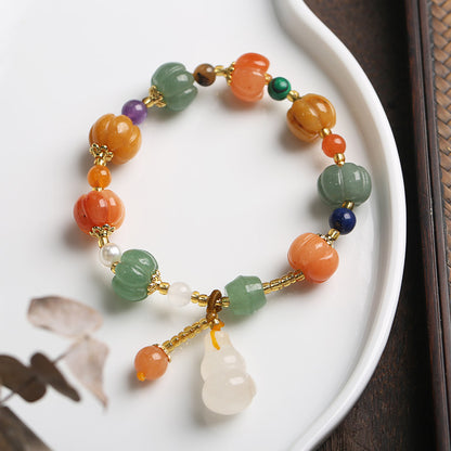 Yiyi Natural Golden Silk Jade Pumpkin Bead Bracelet for Women, Best Friend Gift, Gourd Pendant, Bell Jade Stone Jewelry