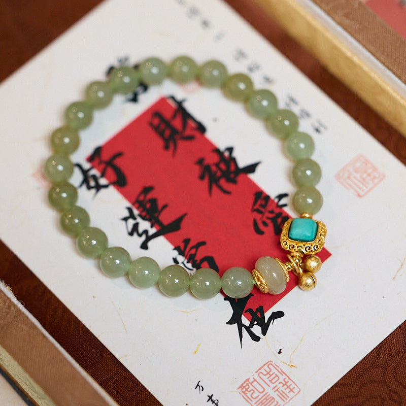 Natural8MM Hetian Jade Bracelet for Women S925Silver Bell Green Turquoise Square Jade Bracelet Gift for Best Friend