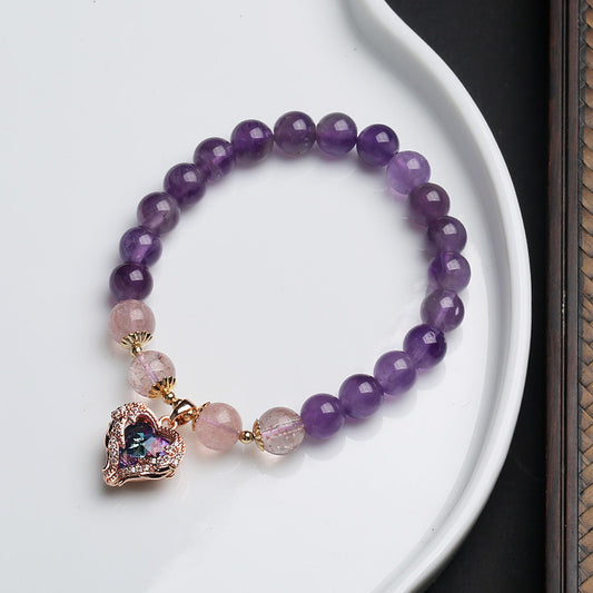 Natural Amethyst Strawberry Quartz Bracelet Heart of the Ocean Crystal Bracelet for Women Best Friends Summer Simple Style Accessories