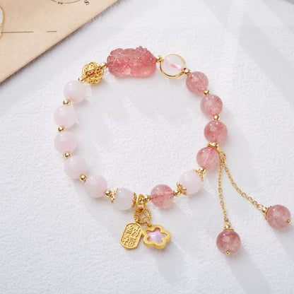 Natural Strawberry Quartz and Pink Quartz Double Bracelet for Women Strawberry Quartz Pixiu Wealth Flower Good Luck Bracelet Crystal Bracelet