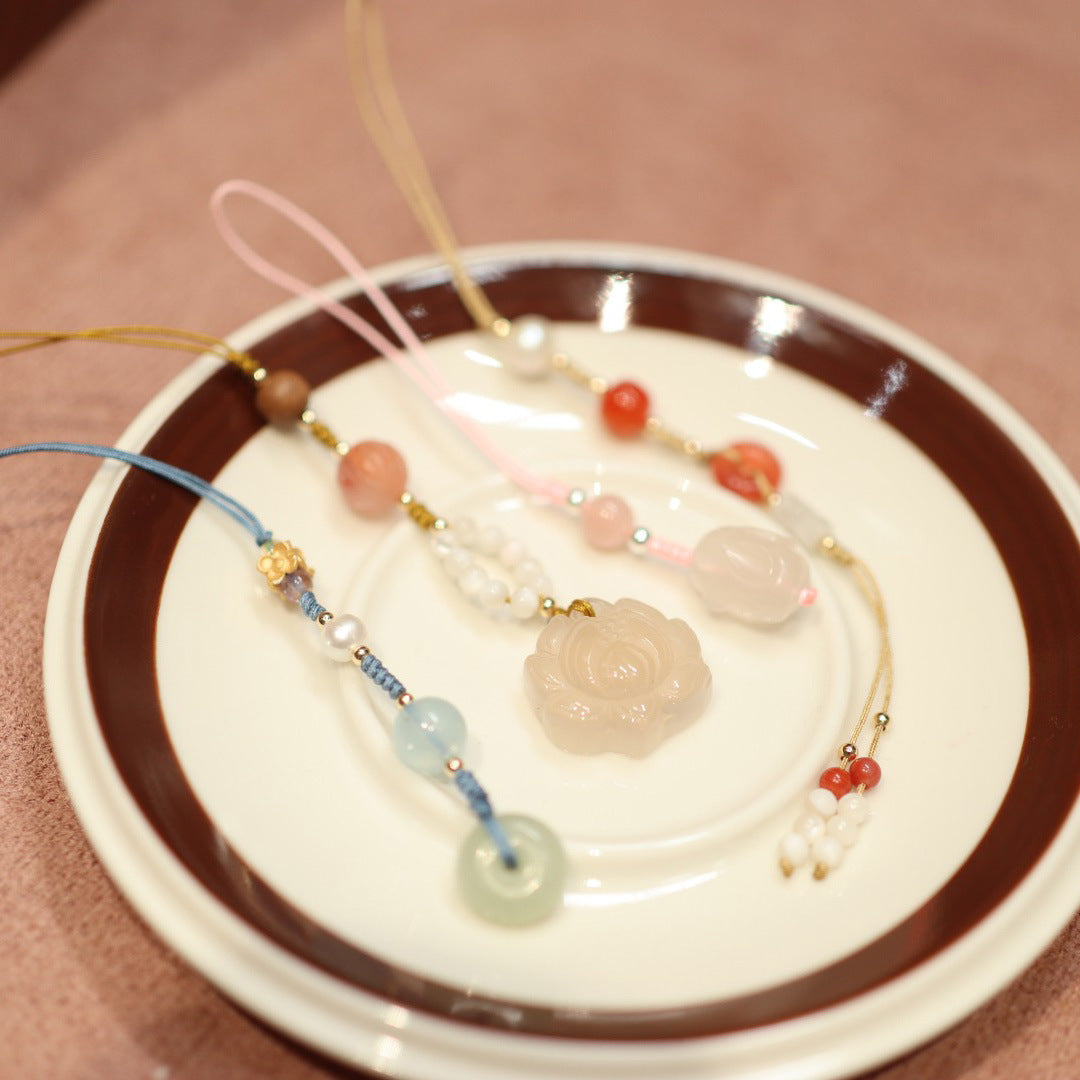 Natural Chalcedony Agate Hand Twisting Beads Phone Pendant Collection Soft Finger String Phone Chain Ancient Style Bag Strap