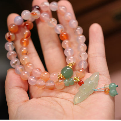 Natural8MM Red Agate Bracelet for Women with Lotus and Cherry Blossom Design, Suitable for Both Necklace and Bracelet