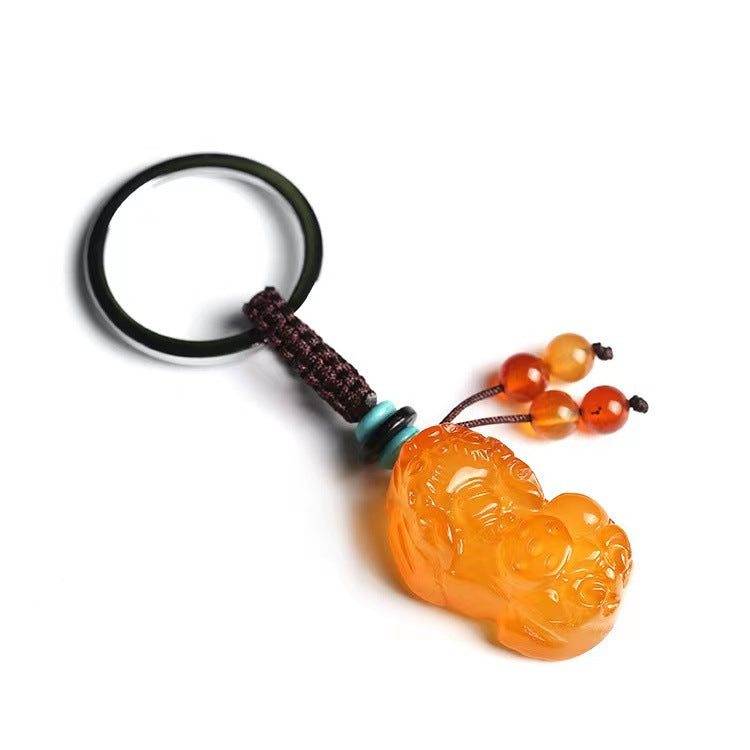 Natural Agate Pixiu Car Hanging Ornament Chalcedony Pixiu Keychain Creative Key Pendant for Men and Women