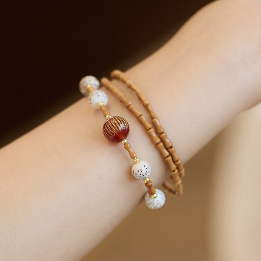 Temple Style Nan Red Dream Bamboo Knot Olive Pit Bracelet Star Moon Bodhi Red Agate Heart Sutra Three Circles Multi-Treasure Bracelet