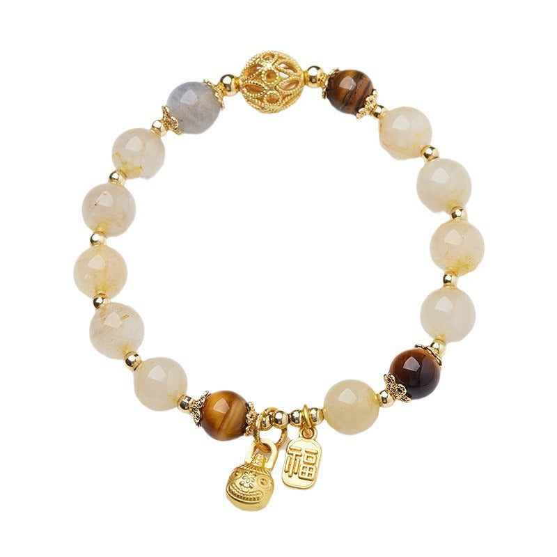 Natural Golden Rutilated Quartz Bracelet for Women, Yellow Rutilated Quartz Moonstone Gold-Devouring Beast Bracelet, Wealth Stone Gift for Girlfriend