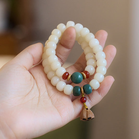 Natural White Jade Bodhi Double Circle Bracelet with Jujube Wood Lotus Seed Pod Tassel Abacus Old Style Barrel Bead Bracelet Collectible Artifact