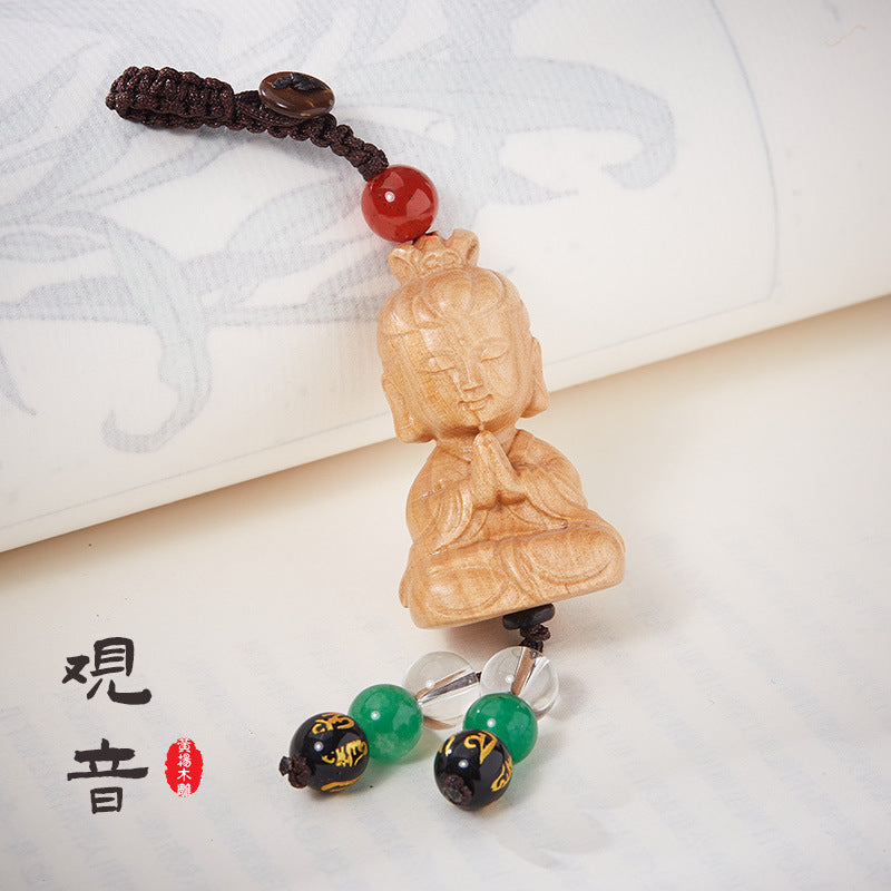 Natural Boxwood Carving Shakyamuni Guanyin Maitreya Buddha Lotus Heart Car Keychain Pendant Bag Small Accessories