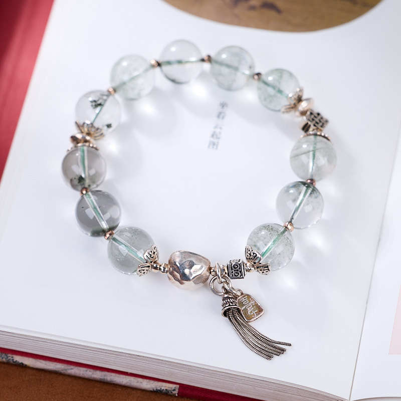 Temple Style Natural12MM Green Phantom Bracelet for Women S925Silver Peace and Joy Treasure Bowl Crystal Bracelet