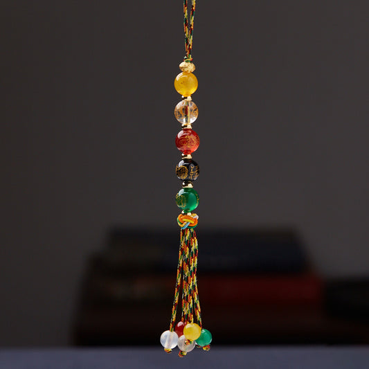 Original Design Natural Agate Crystal Five-Way God of Wealth Phone Chain Temple Cultural and Creative Keychain Car Pendant