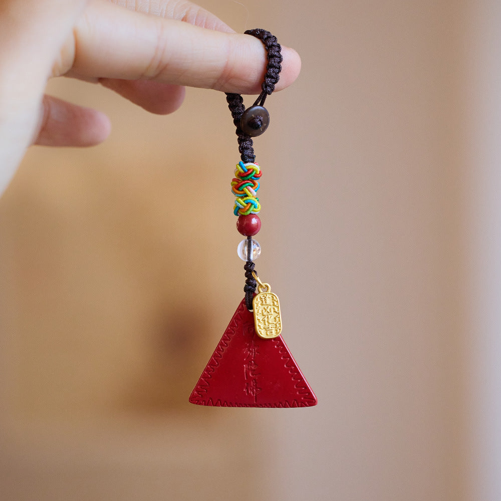 Temple Style Natural Cinnabar Keychain Triangle Red Card New Year Cinnabar Pendant Buddhist Youth Pendant