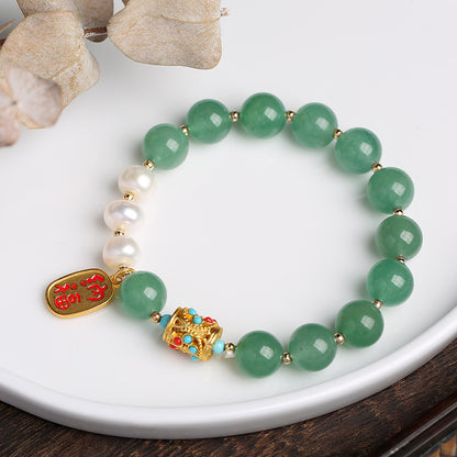 Vintage Chinese Style Green Aventurine Bracelet Pearl Pendant Fortune Bracelet Jade Crystal Ethnic Style Jewelry