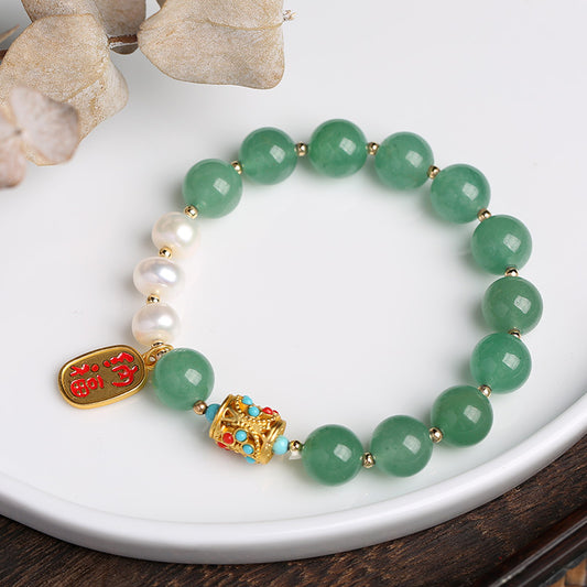 Vintage Chinese Style Green Aventurine Bracelet Pearl Pendant Fortune Bracelet Jade Crystal Ethnic Style Jewelry