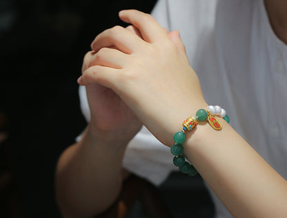 Vintage Chinese Style Green Aventurine Bracelet Pearl Pendant Fortune Bracelet Jade Crystal Ethnic Style Jewelry