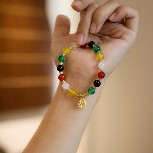 Natural8MM Agate Bracelet Five Blessings Good Luck Five-Color Agate Beaded Bracelet Temple Scenic Area Bracelet Gift