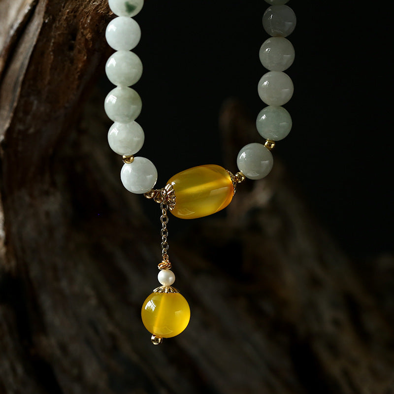Original and Natural A Jade Bracelet with Agate Tassel Pendant14K Gold-Plated Women's Valentine's Day Gift Jade Bracelet