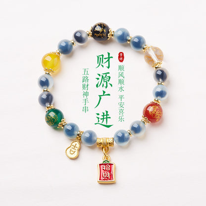 Temple Style Natural Blue Agate Bracelet Five-Way Wealth God Half-Sugar Agate Treasure Bowl Bracelet Gift