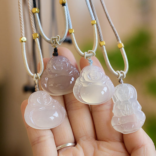 Natural Ice Chalcedony Agate Necklace White Chalcedony Flat Clasp Maitreya Buddha Lotus Pendant Sweater Chain Pendant