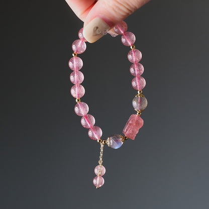 Natural Strawberry Quartz Bracelet for Women, Peach Blossom Blooming, Niche Style, Best Friends, Students, Pink Beads, Crystal Bracelet