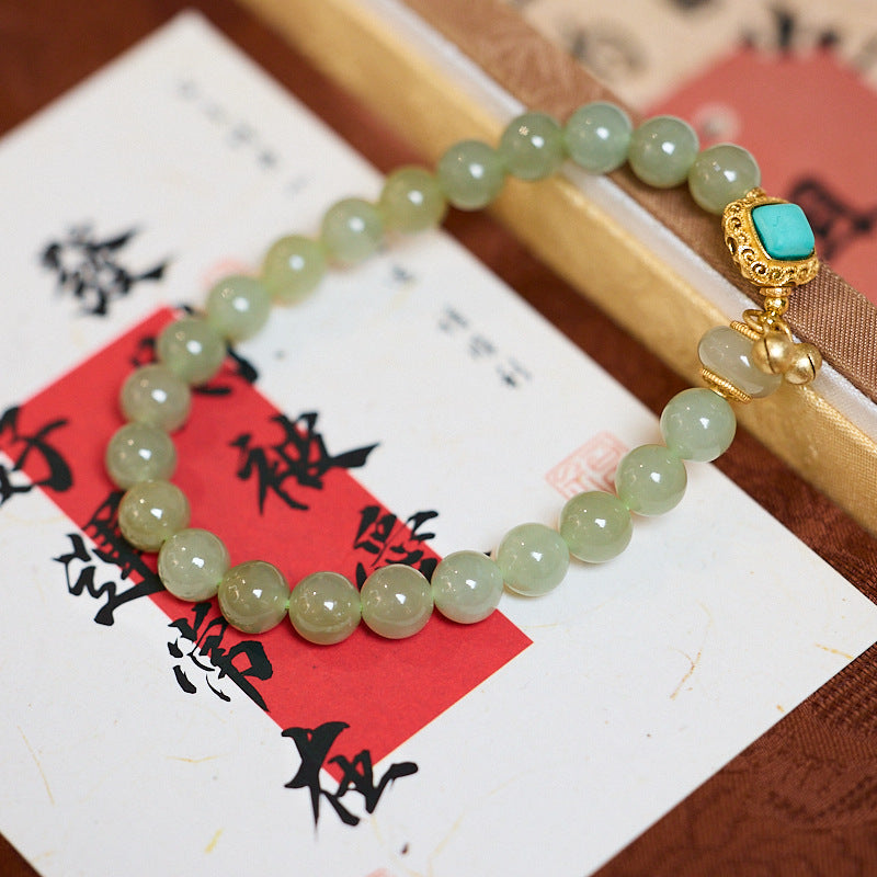 Natural8MM Hetian Jade Bracelet for Women S925Silver Bell Green Turquoise Square Jade Bracelet Gift for Best Friend