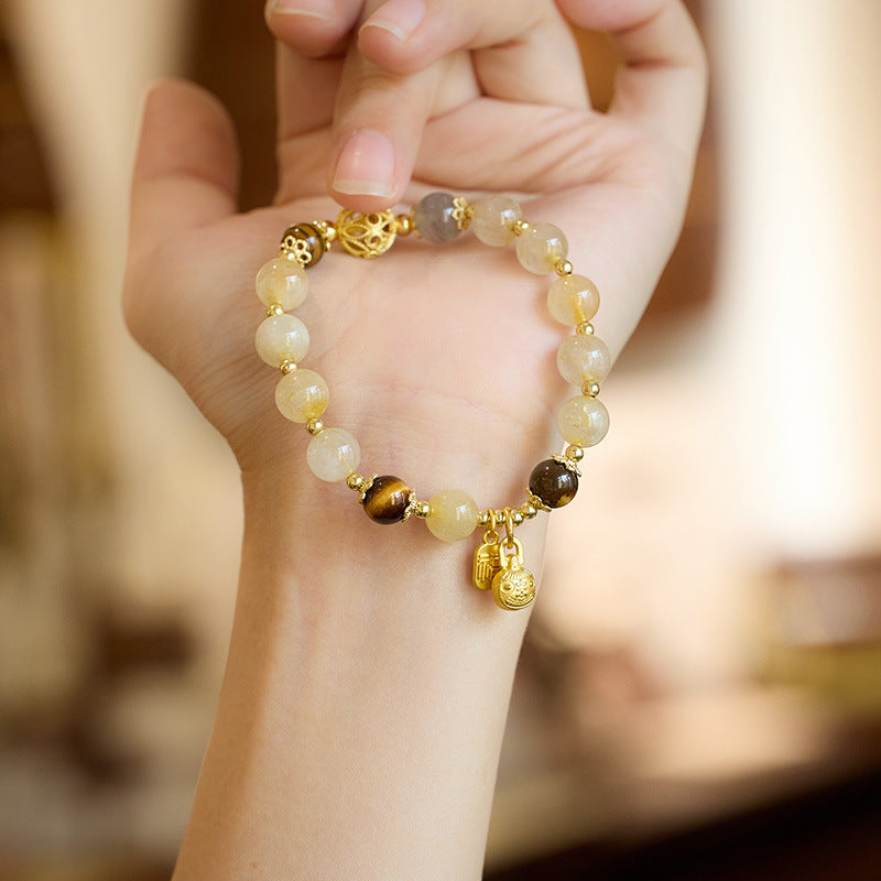 Natural Golden Rutilated Quartz Bracelet for Women, Yellow Rutilated Quartz Moonstone Gold-Devouring Beast Bracelet, Wealth Stone Gift for Girlfriend