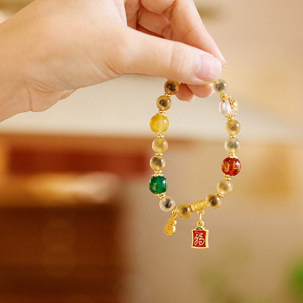 Temple Same Style Natural Yellow Agate Heart Bracelet Five-Way God of Wealth Half-Sugar Heart Treasure Basin Bracelet Gift