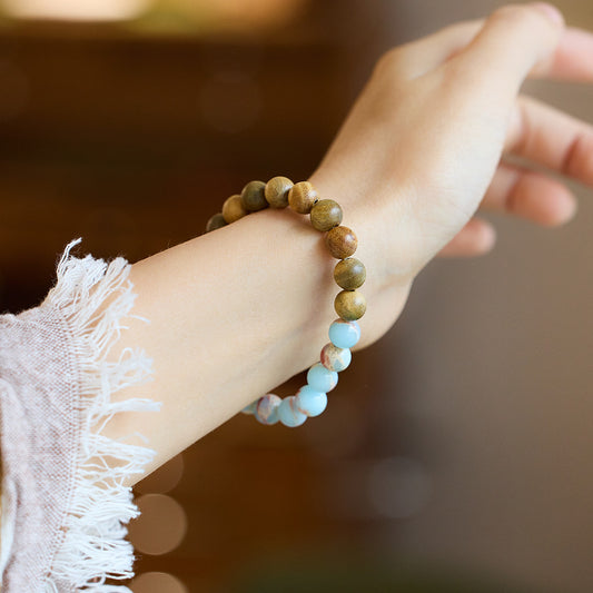 National Style Shoushan Stone Bracelet for Women Fashion Single Circle Green Sandalwood Bead Bracelet Artistic Ethnic Retro Jewelry