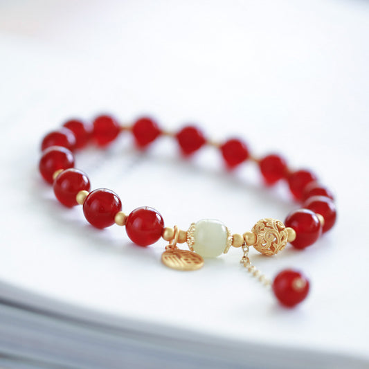 Natural8MM Red Agate Bracelet S925Silver and Gold Cloud Pattern Hetian Jade Fortune Bracelet for Women, Chinese Style Qixi Gift