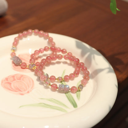 Natural7MM Pigeon Blood Red Strawberry Quartz Pixiu Bracelet for Women Moonstone Good Luck Peach Blossom Pink Quartz Beaded Bracelet Gift